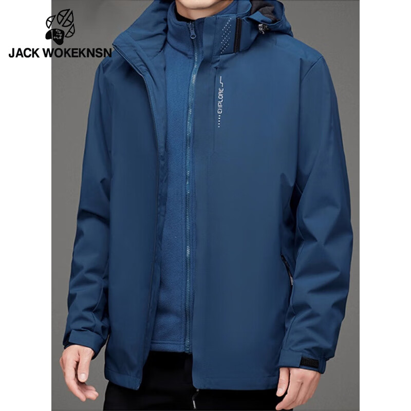 JACK WOKEKNSN狼爪云冲锋衣男三合一内胆可拆卸秋冬加厚户外防风防水登山服外套 黑色 XL/【推荐125-140斤】