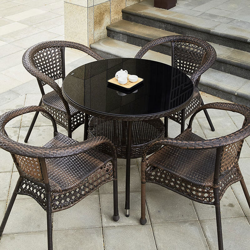 凝企藤椅三戶外桌椅庭院露臺(tái)花園室外遮陽傘休閑組合桌椅陽臺(tái)椅子 90雙層圓桌四椅一桌加厚款