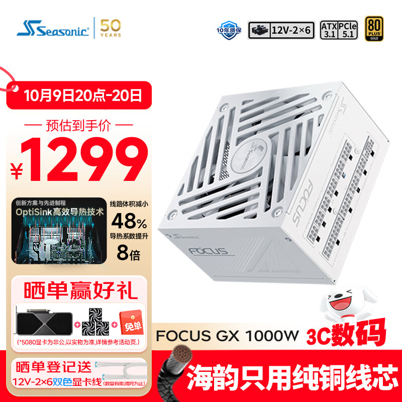 海韵（SEASONIC）1000W FOCUS(2024)金牌白色电脑电源 ATX3.1/PCIe5.1/12V-2x6 支持5090/9070显卡