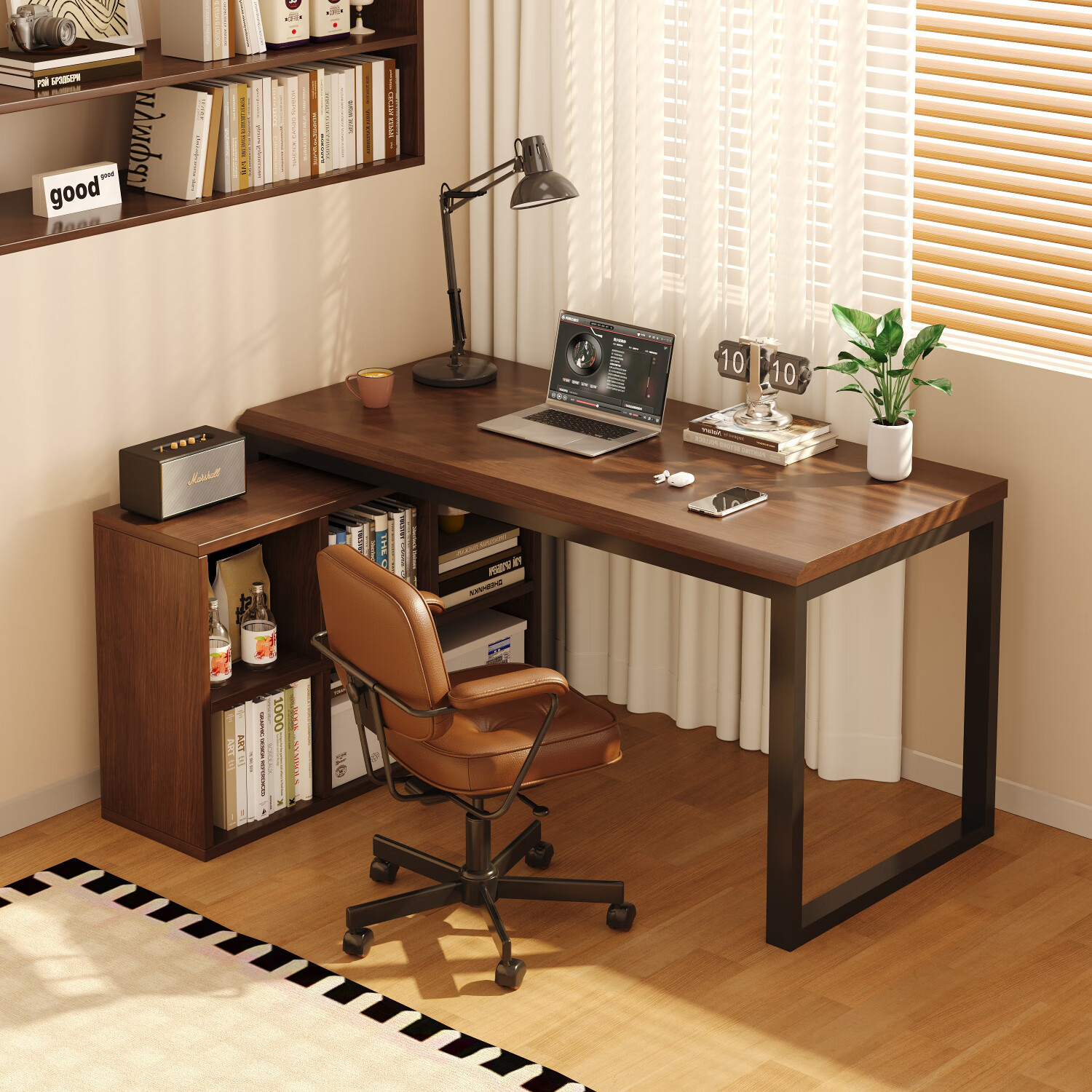 顾家家居转角书桌书柜一体家用电脑桌收纳柜落地办公桌学习桌书架组合 送货上门安装【1.2M书桌+六格书柜】胡桃色 送货入户包安装