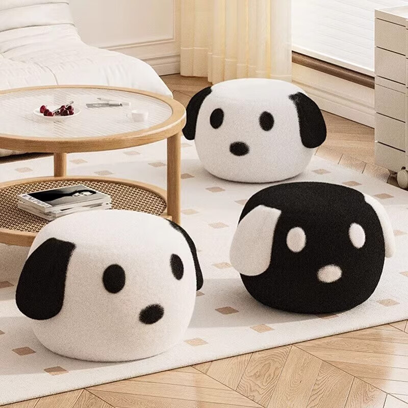 木格格凳子客厅高颜值茶几凳矮凳圆凳软包凳子家用加厚结实板凳软座餐凳 白狗-【羊羔绒】