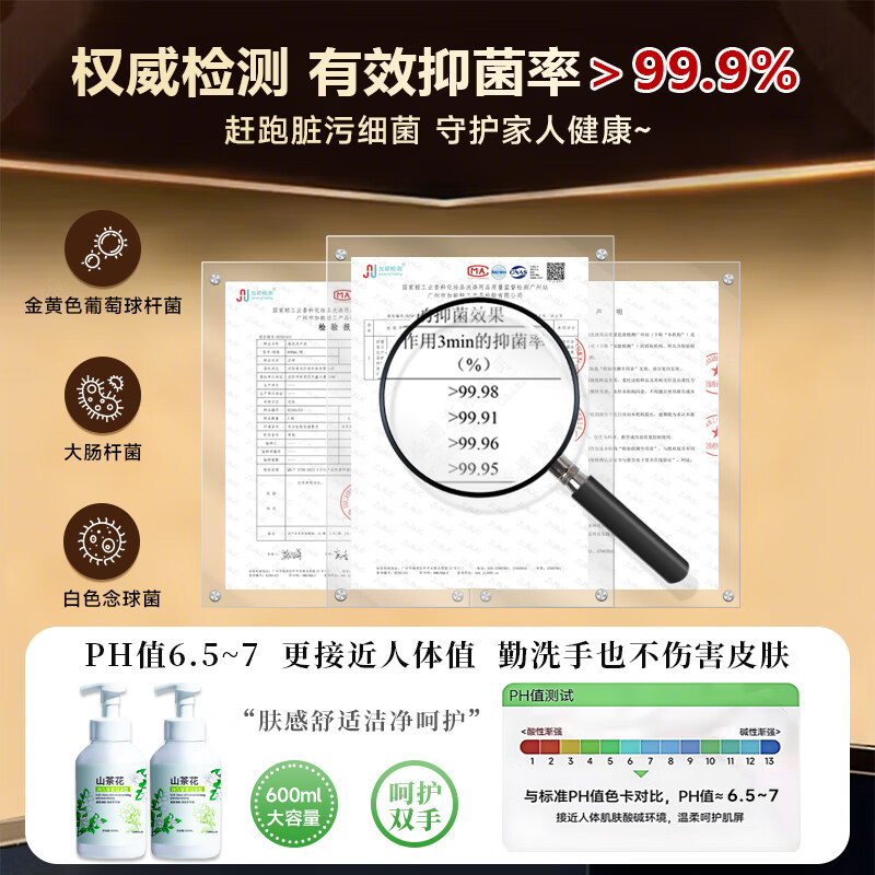 圣洁康洗手液泡沫型家用抑菌按压瓶香氛家庭装持久留香温和清洁孕婴 【山茶花】洗手液600ml*2瓶-1泵头