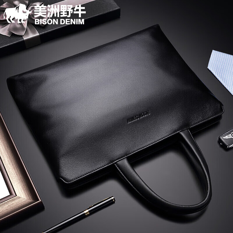 美洲野牛 男士公文包真皮商務男手提包頭層牛皮橫款皮包電腦包 橫款 平紋黑色(裝15.6寸筆記本) #2#
