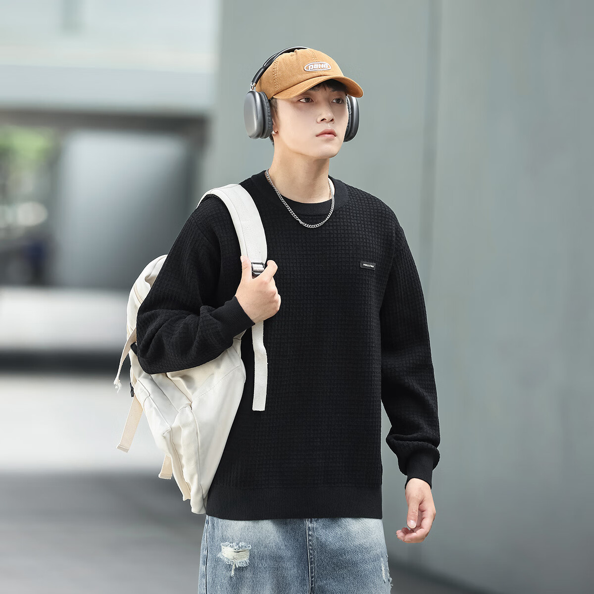 布衣传说【格纹针织】罗纹圆领针织衫柔软亲肤宽松休闲男式打底衫外套 黑色 M