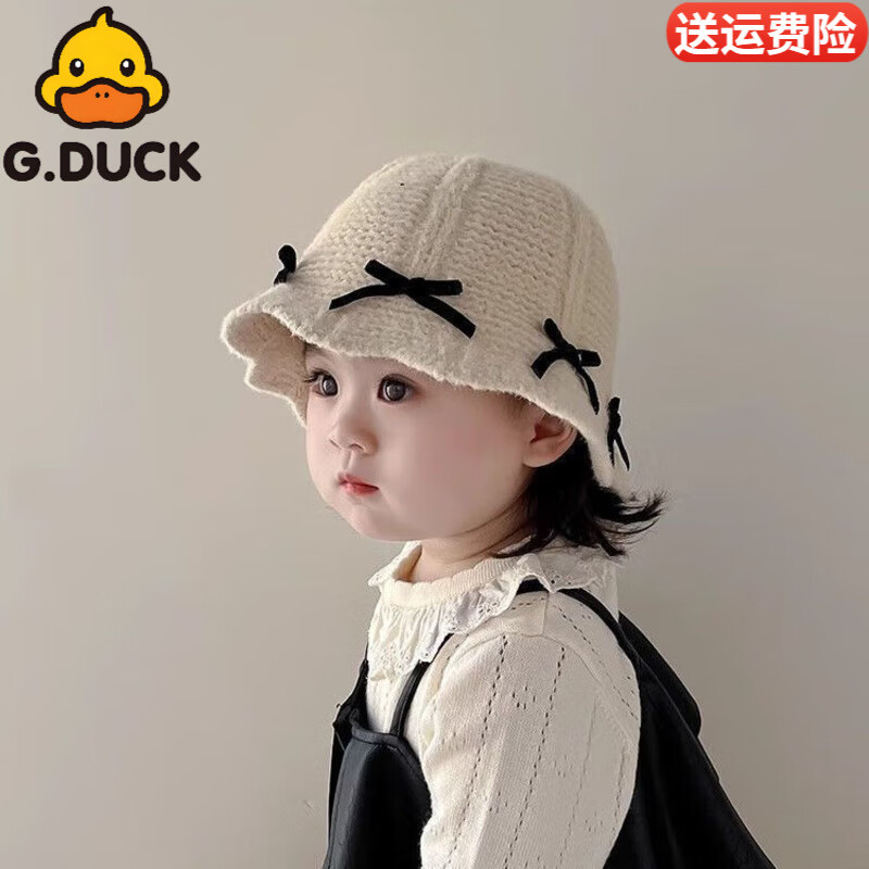 G.duck小黄鸭女童韩国甜美蝴蝶结帽子秋冬季保暖防风针织渔夫帽毛线盆帽 米色-黑色蝴蝶结款毛线渔夫帽 建议年龄18个月-3岁【48-50cm】