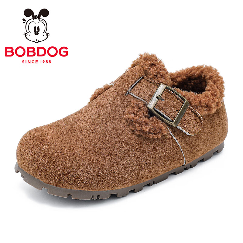 巴布豆（BOBDOG）童鞋男童冬季加绒保暖鞋子2025女低帮舒适休闲鞋时尚儿童勃肯鞋 浅棕色 32 适合脚长18.8cm