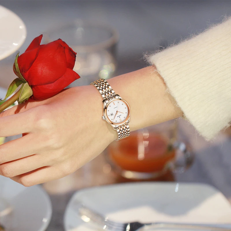 依波(EBOHR)手表女款大师系列自动机械女表优雅国表单历防水送女友七夕礼物 白盘间玫金钢带 51030124