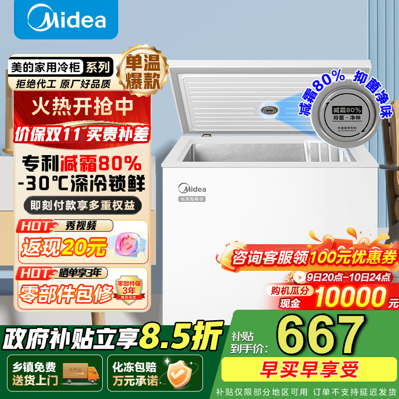 美的（Midea）减霜小容量冷柜卧式商用家用冰柜 大冷冻柜 单温冷藏柜囤货保鲜小型冰柜一级能效国家补贴 【BD/BC-2