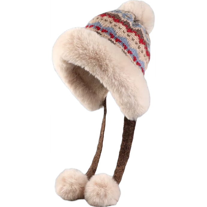 冬季女费尔岛风加绒加厚保暖针织帽蒙古护耳毛线帽大头围雷锋帽子 提花三球【卡蓝色】