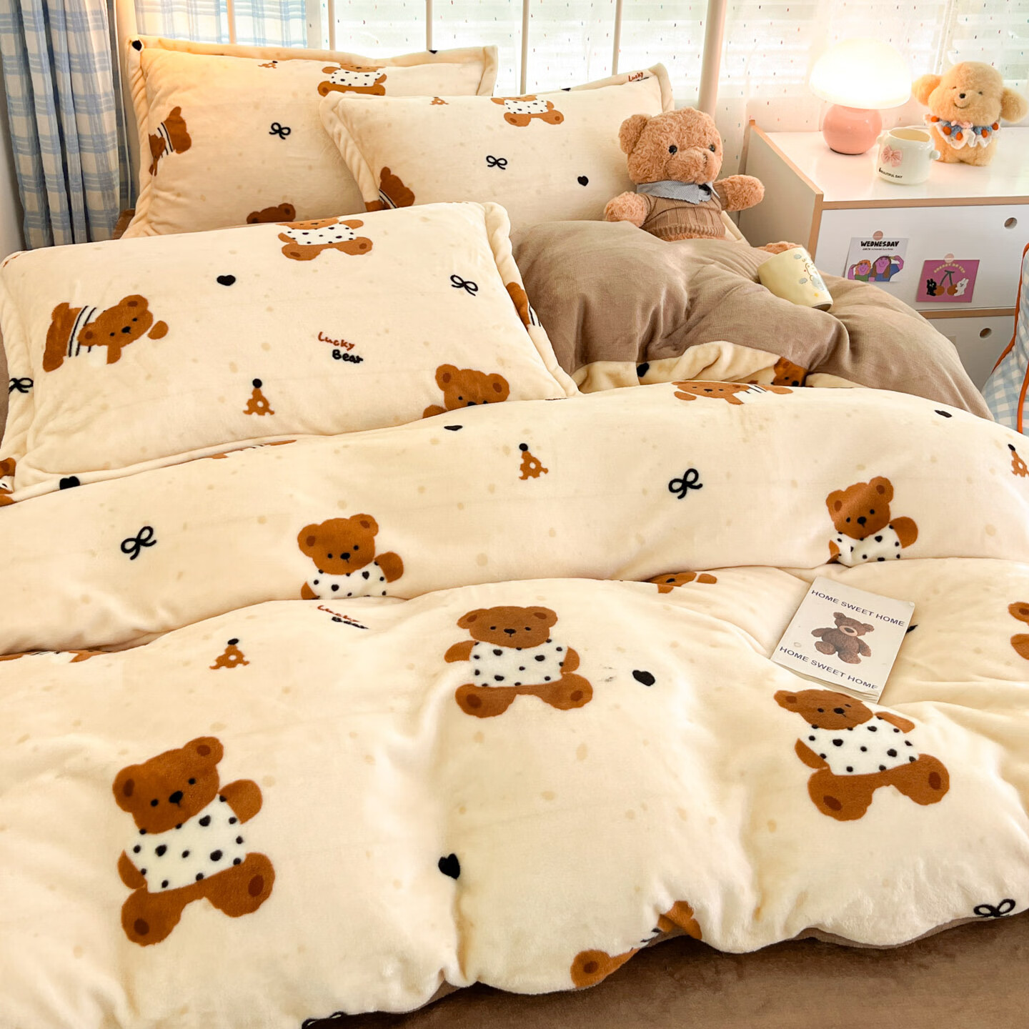 多兰诗牛奶绒四件套 秋冬保暖雪花绒单双人宿舍家用珊瑚绒床单四件套 酥酥小熊咖 1.8米 床笠款 (被套200*230cm) 四件套