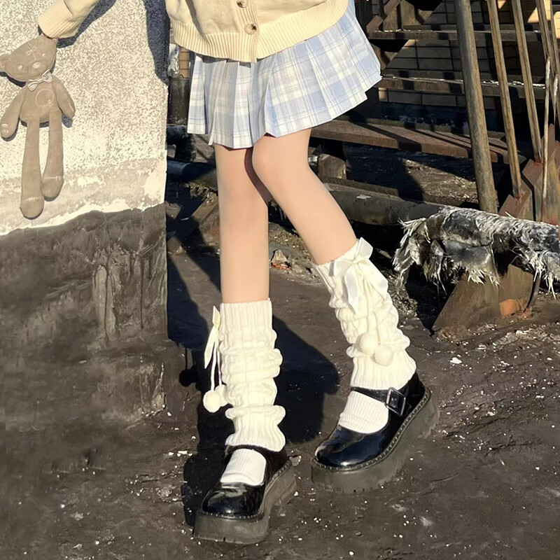 JIOESC堆堆袜女日系秋冬可爱lolita腿套针织保暖蝴蝶结袜套jk百搭小腿袜 奶白-带蝴蝶结【加厚40cm】 1双 均码