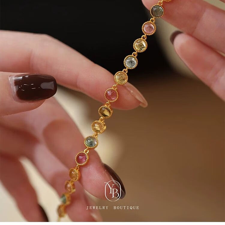 buhesyt彩色碧玺水晶手链高级轻奢小众精致女2025新款国风复古闺蜜手饰品 碧玺手链-金色