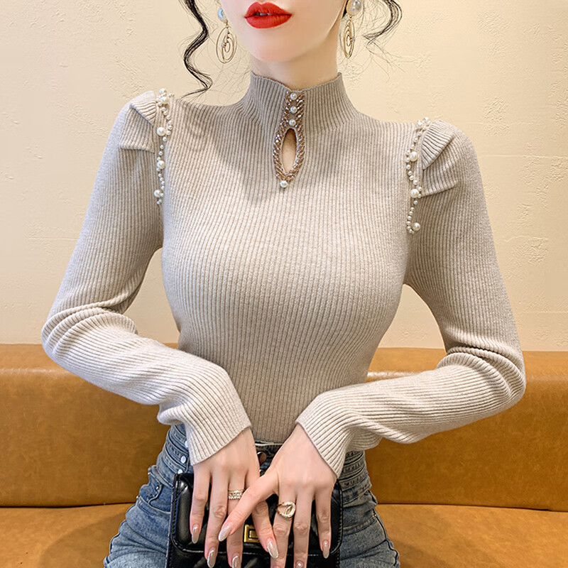 香影纯高级感时尚半高领打底衫女秋装2025新款别致珍珠内搭上衣长袖毛衣 黑色【高品质】 3XL (建议135-150斤)