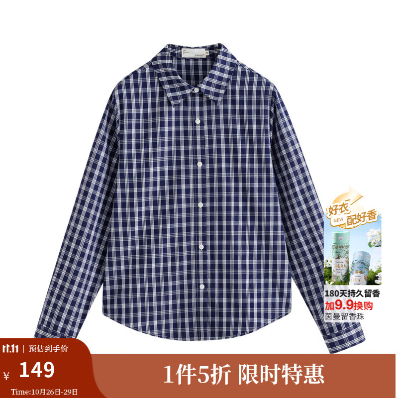 茵曼（INMAN）纯棉复古休闲细格子衬衫女2025秋季通勤宽松长袖蓝格纹衬衣 宝蓝格 S