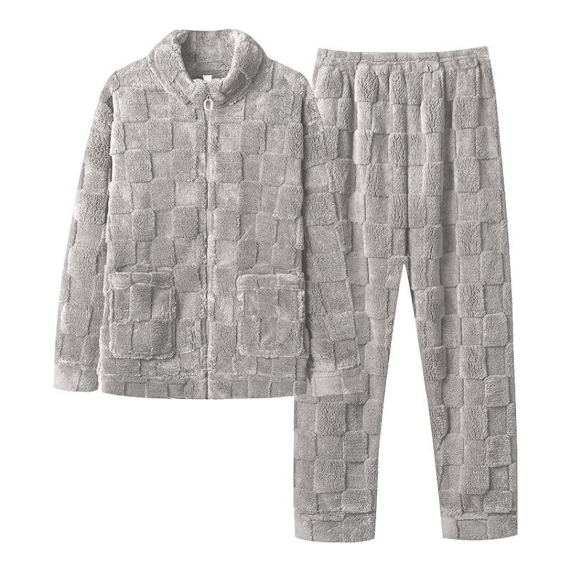 雪中飞睡衣冬季男2025年新款拉链加绒加厚珊瑚绒可外穿大码家居服套装 NSCJF-淡灰方格拉链 XL 【建议130-150斤】