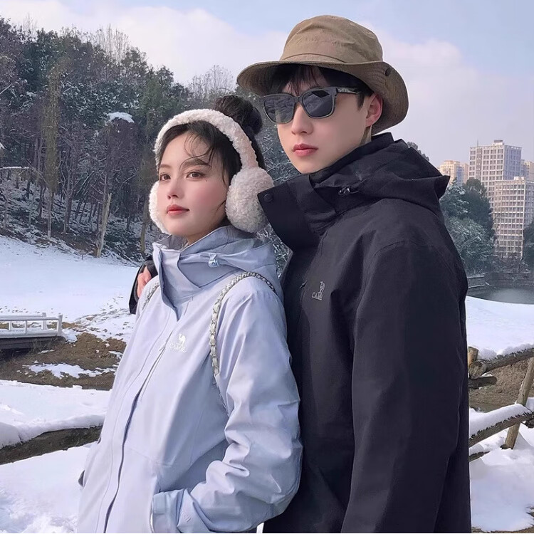 骆驼（CAMEL）冲锋衣男三合一防风防水2025新款可拆卸户外连帽登山夹克外套 月光蓝【三合一银狐绒内胆】 S