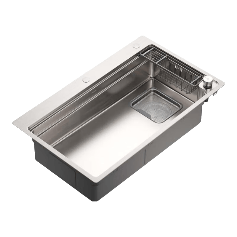 摩恩水槽廚房洗菜盆大單槽304食品級不銹鋼納米壓紋臺控多功能水槽 【銀色】78*48臺控日式收納槽+雙出水抽拉防指紋龍頭