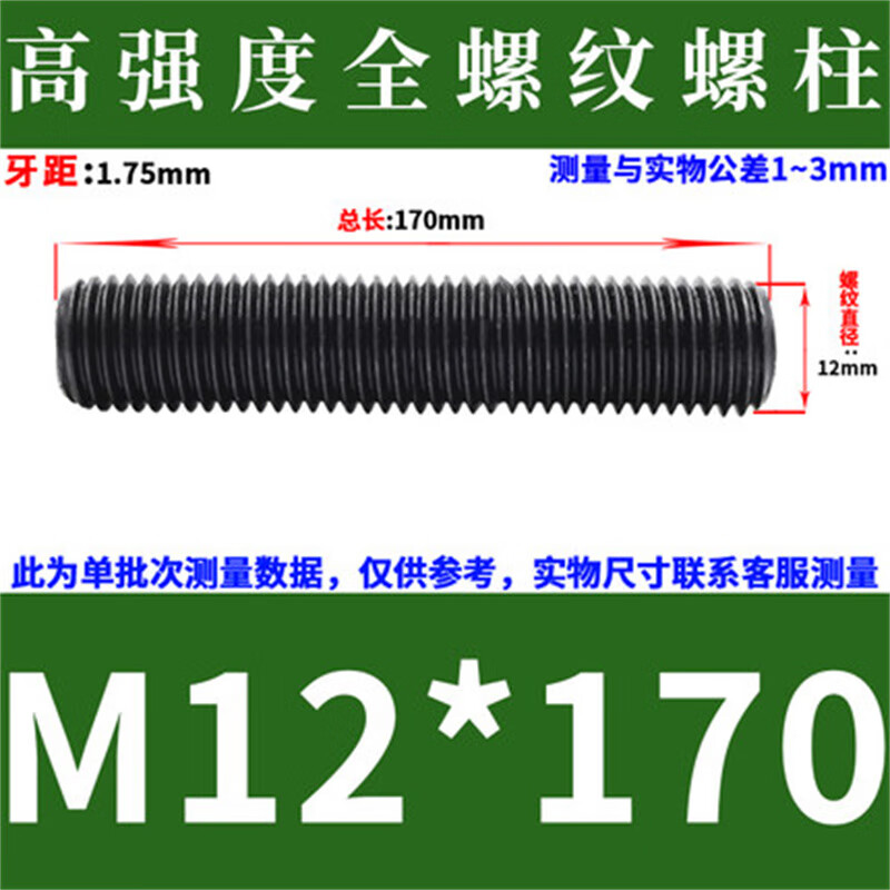 斯汀旭高强度全螺纹螺柱化工牙棒全牙螺纹杆 M12*170(5只)