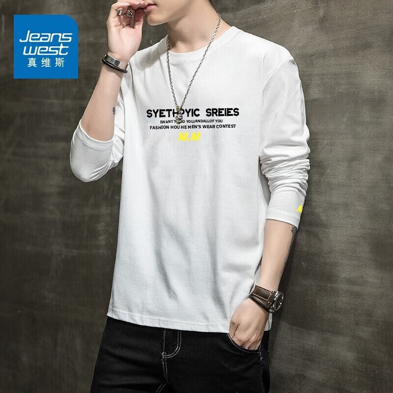 真维斯（Jeanswest）休闲长袖t恤男秋季新款纯棉舒适白色打底衫宽松圆领纯色内搭上衣 BT011白色 XL (135-150斤)