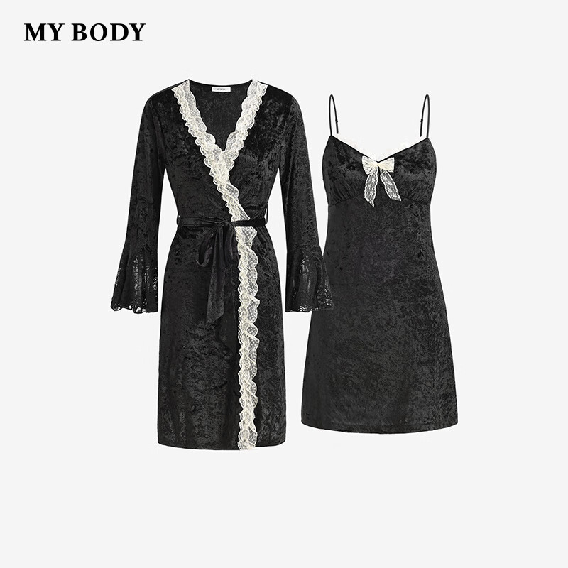 mybody商場同款睡裙女士金絲絨性感優(yōu)雅吊帶家居服套裝睡袍女 鉆石黑 L