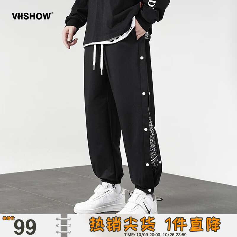 viishow新款休闲潮牌长裤腰果花拼接潮流侧边排扣印花嘻哈校园休闲束脚裤 黑色 L