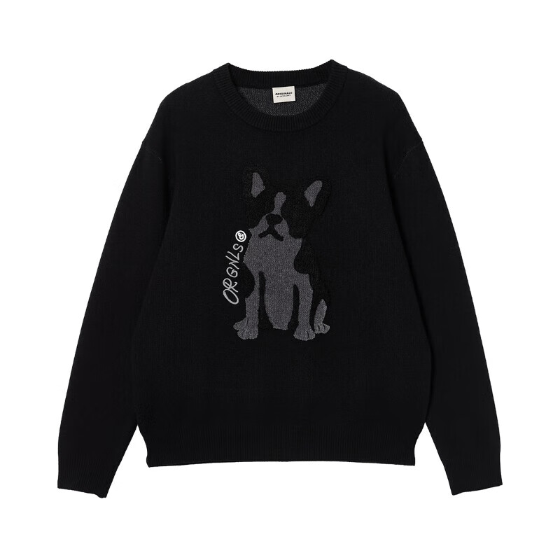 杰克·琼斯(JACK&JONES)男装25年秋冬季毛衣男士雪尼尔亲肤法斗狗宽松休闲圆领针织打底衫 E43纯黑色 常规 M (175)