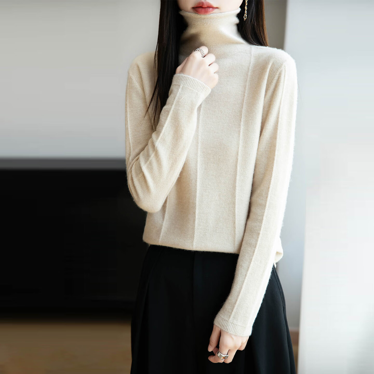 香影芬2025秋冬新款堆堆领100%纯羊毛衫女套头宽松百搭羊毛打底衫女毛衣 经典黑色 3XL (建议135-150斤)