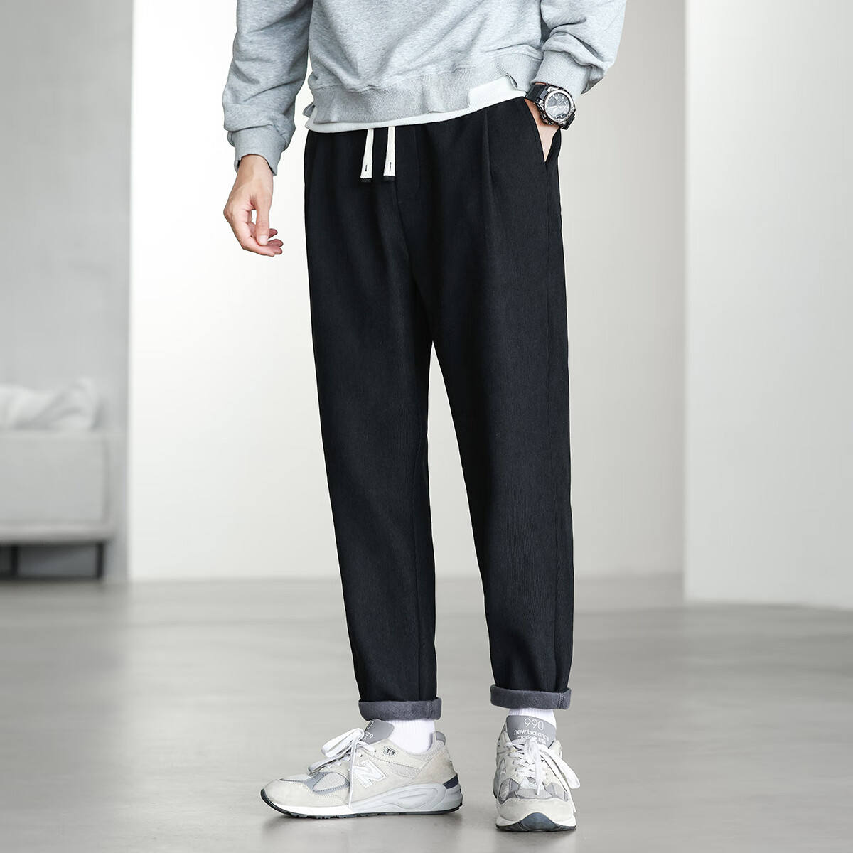 布衣传说【加绒加厚】重磅灯芯绒松紧腰抽绳柔软保暖运动小锥男式休闲裤 黑色 XL