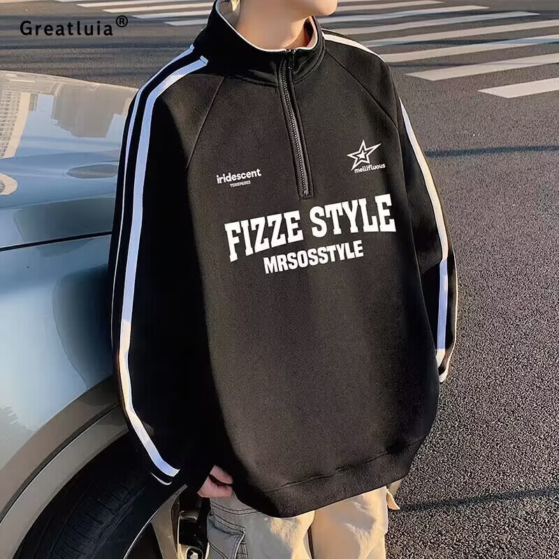 GREATLUIA美式高街秋季新款立领套头卫衣字母印花潮流时尚宽松简约长袖上衣 黑色 L