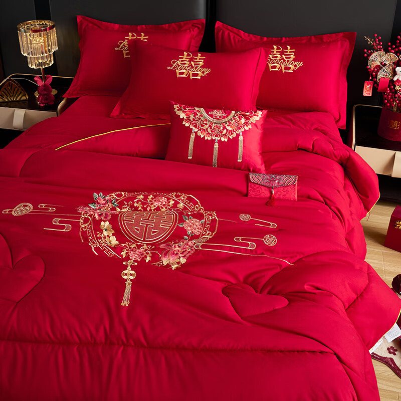 恒源祥 被芯 婚庆亲肤棉刺绣纤维被子结婚陪嫁喜庆春秋冬加厚保暖被芯   婚庆亲肤棉纤维被-花开富贵 220*240cm春秋被【总重5.8斤】