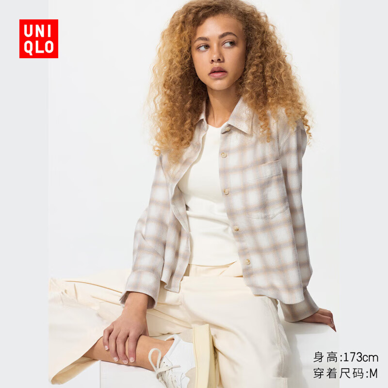 优衣库女装法兰绒箱型衬衫/格纹美式复古479085 01 乳白色 M /160/84A