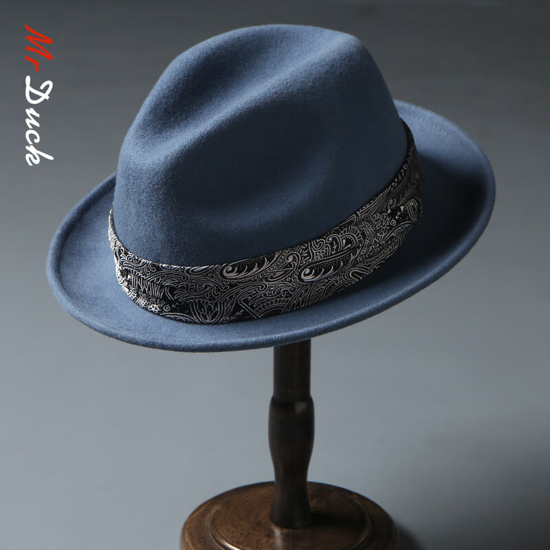 Mr DUCKmrduck时尚英式礼帽男女纯呢帽子秋冬卷边毡帽英伦绅士爵士帽 MW17041-绀蓝色5cm小边(复古腰果花织带) 小码(52-54cm)