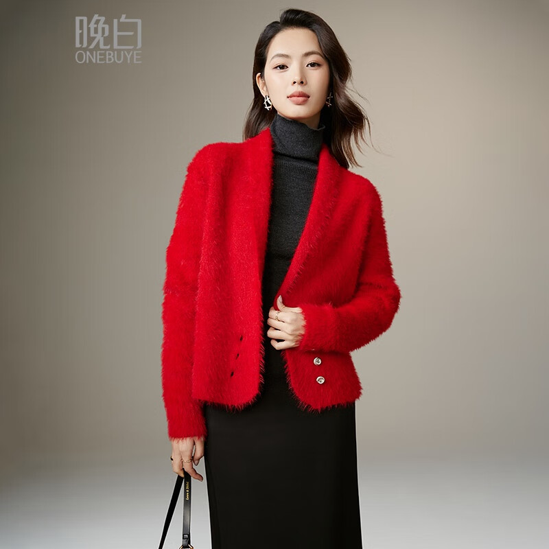 晚白【断码清仓】新年骐骥红毛衣舒适毛茸茸针织开衫外套女 红色 M