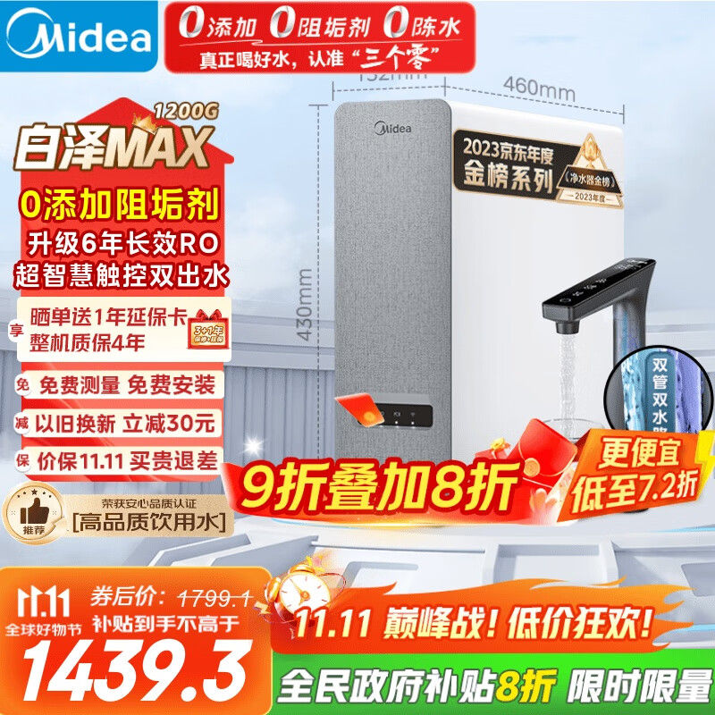 美的（Midea）【白泽Max 1200G】0阻垢剂净水器国家补贴家用 6年RO反渗透厨下式直饮过滤净水机 触控屏双出水