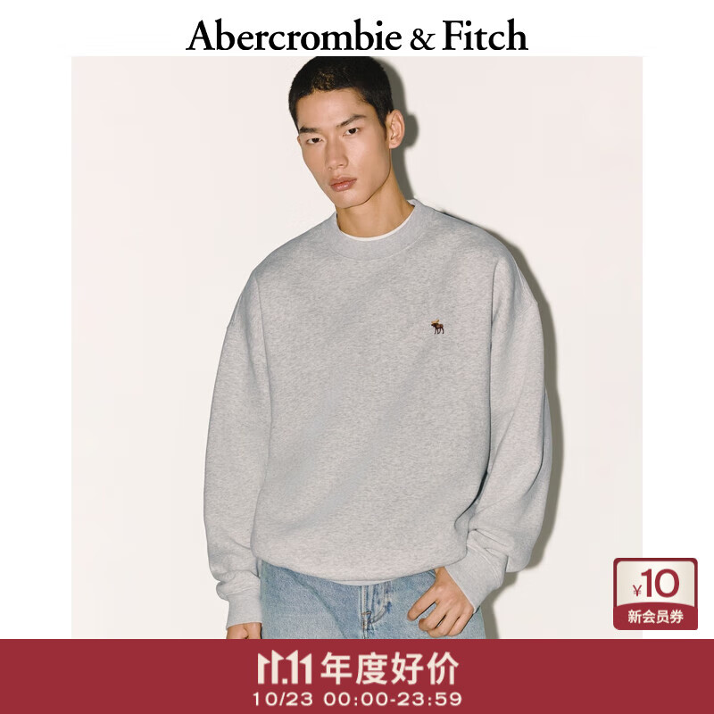 Abercrombie &amp; Fitch经典小麋鹿图案男装25秋冬新款抓绒宽松圆领套头卫衣122-5535 浅灰色 L (180/108A)