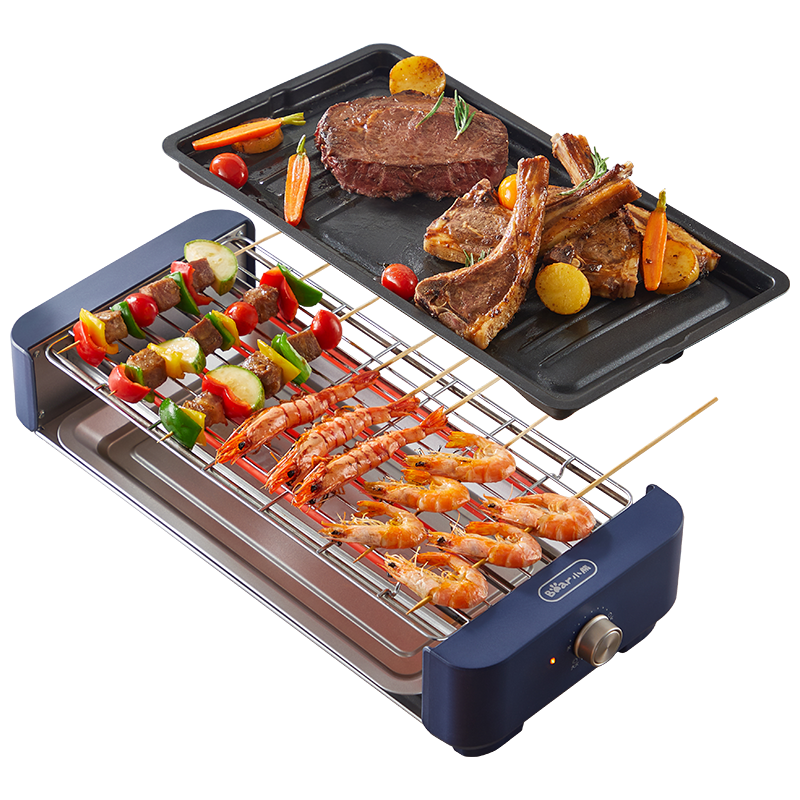 小熊（Bear）燒烤爐電燒烤爐燒烤架烤串機(jī)室內(nèi)家用烤腸機(jī)烤肉機(jī)電烤爐燒烤盤(pán)單層大容量不粘無(wú)煙烤肉爐戶(hù)外室內(nèi) DKL-E20G1【高配烤網(wǎng)+烤盤(pán)】 1層