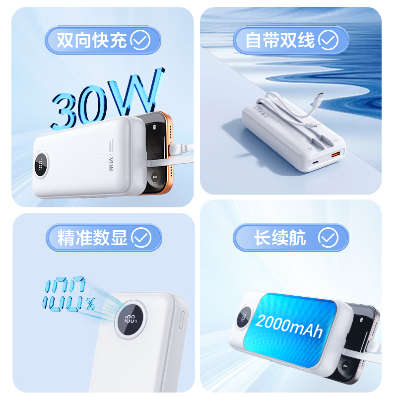 京选京东自有品牌【3C认证可上飞机】充电宝20000毫安30W双向快充电源白色适用苹果华为小米兼容30W