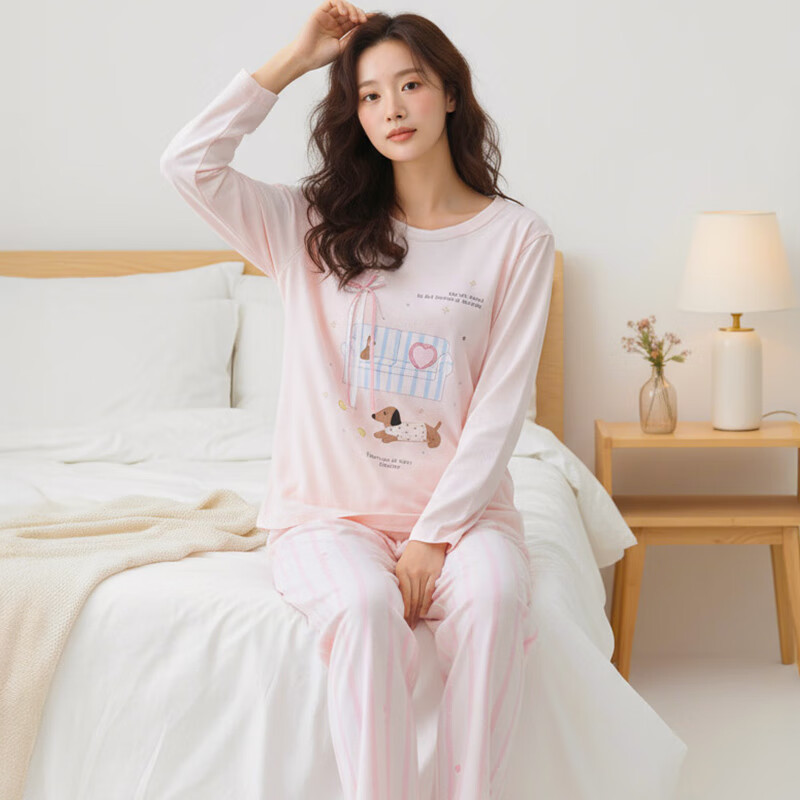 玛伦萨100%纯棉睡衣女春秋季2025新款可外穿长袖长裤套装女士家居服 浅粉 L