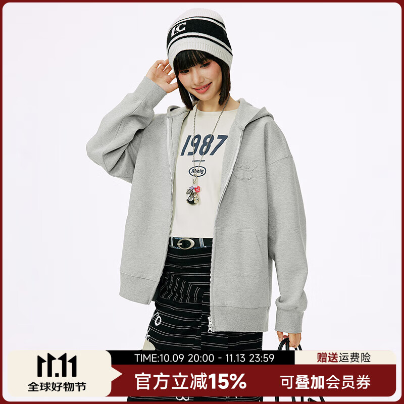 Mmlg连帽开衫卫衣女男早秋新款宽松百搭美式复古街头韩版情侣同款外套 花灰色 M