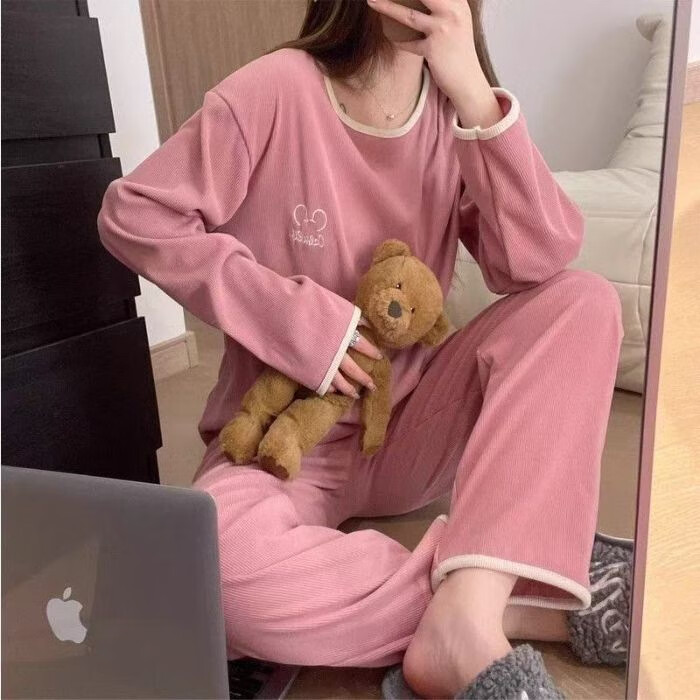 雅鹿德绒保暖睡衣女秋冬季长袖套装可外穿刺绣米奇居家服套装大码胖mm 米奇头紫色 M