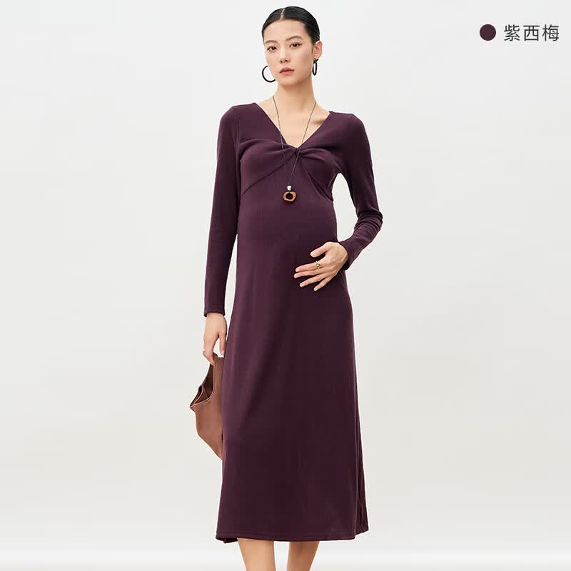 Sellynear孕妇装秋装2025新款针织裙时尚法式扭结显瘦时髦连衣裙 紫西梅 XL
