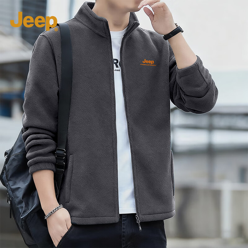 吉普（JEEP）立领卫衣男士秋冬季双面绒保暖休闲开衫外套潮流宽松高端夹克男装