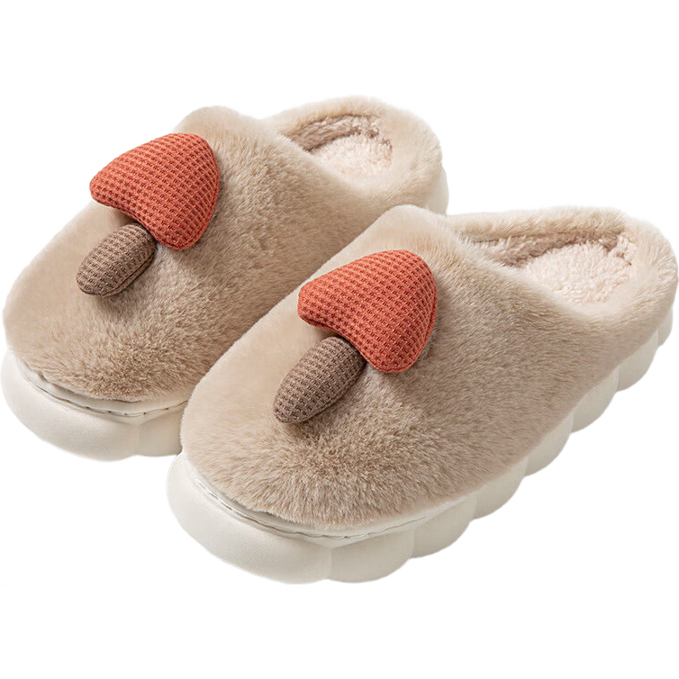 2026棉拖鞋女冬款蘑菇室内家居家用保暖毛绒拖鞋厚底棉鞋棉拖鞋女 蘑菇头棉拖-卡其 36-37 适合35-36