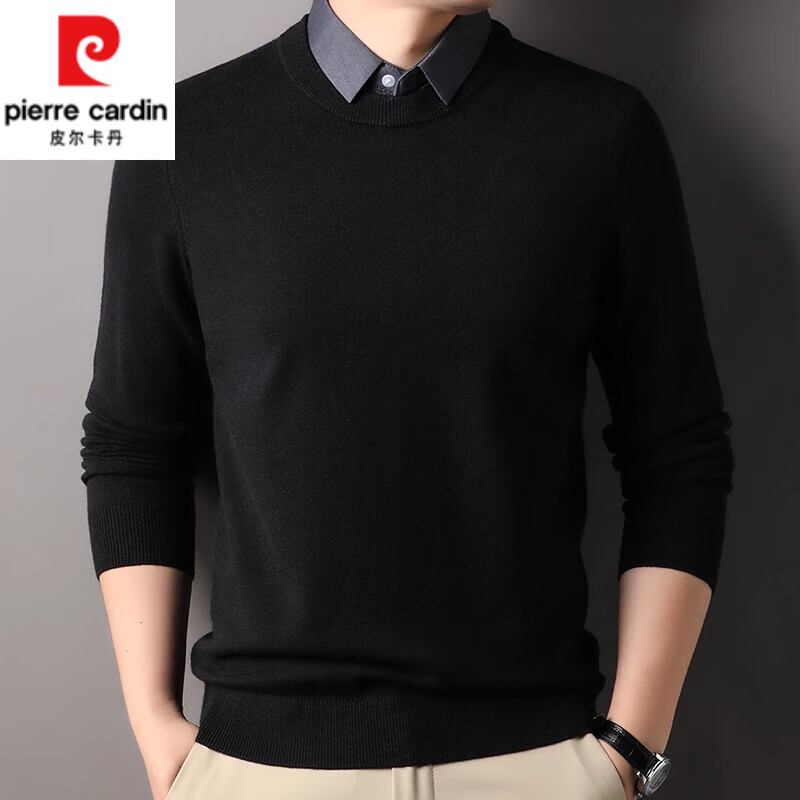 皮尔卡丹（pierre cardin）秋冬季百搭假两件羊毛针织衫男士2025新款商务衬衫领内搭男装上衣 黑色 M