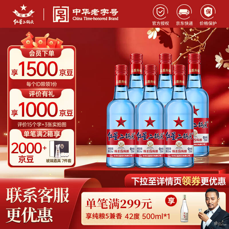 红星二锅头 蓝瓶绵柔8纯粮升级甜润清香型白酒  自饮北京特产节日礼品 53度 750mL 6瓶 整箱装