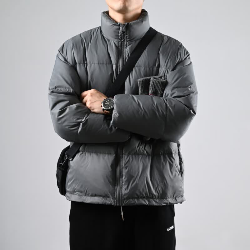 型曼极简风90白鸭绒短款宽松立领面包羽绒服男冬季防寒保暖羽绒衣外套 灰色 M