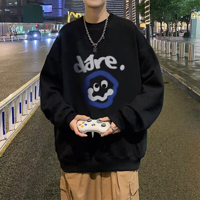 森马（Semir）港风2025春秋季新款印花圆领卫衣男潮流宽松青少年休闲外套 黑色 M