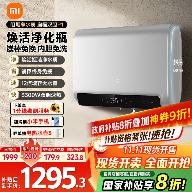 米家小米智能双胆电热水器60升P1 3300W速热超薄扁桶家用大水量美肤洗镁棒免更换国家补贴以旧换新MJ02
