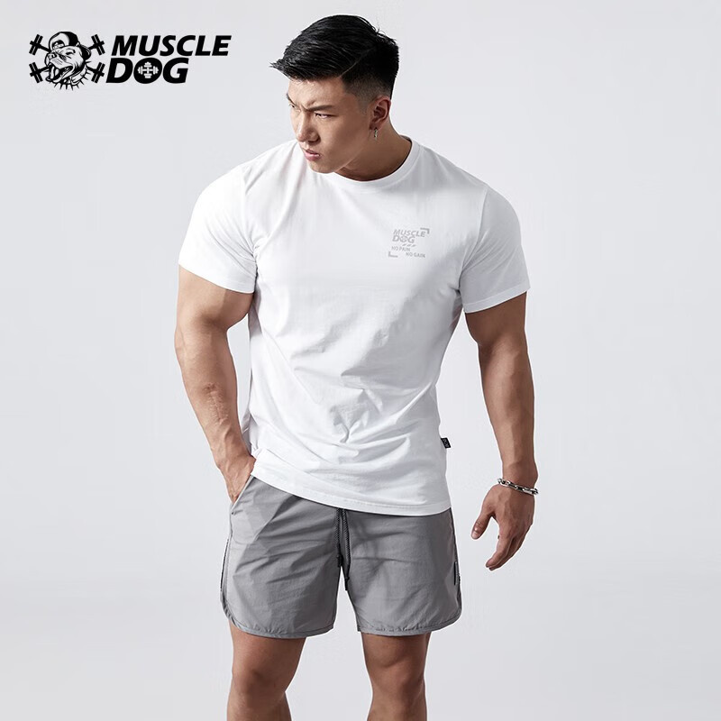 MUSCLE DOG 肌肉狗 运动短袖T恤男新款印花透气吸汗微弹训练服健身衣服 白色 XL
