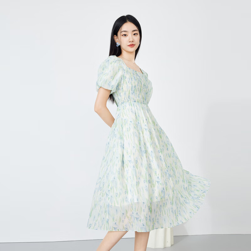 秋水伊人時(shí)尚設(shè)計(jì)感印花連衣裙2024年夏季女裝氣質(zhì)小個(gè)子裙子 130 花料 L